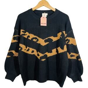 Grace & Emma Crewneck Sweater Knit Casual Long Sleeve Black Tan - M